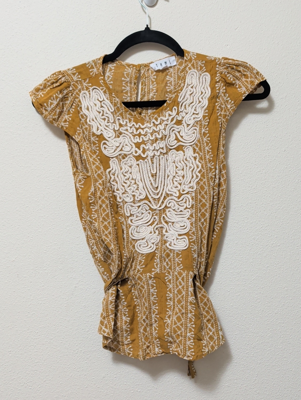 THML Mustard Embroidered Cap-Sleeve Blouse